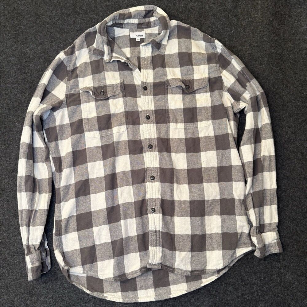 plaid‎ flannel shirt men Sonoma L Work Black & White Long Sleeve